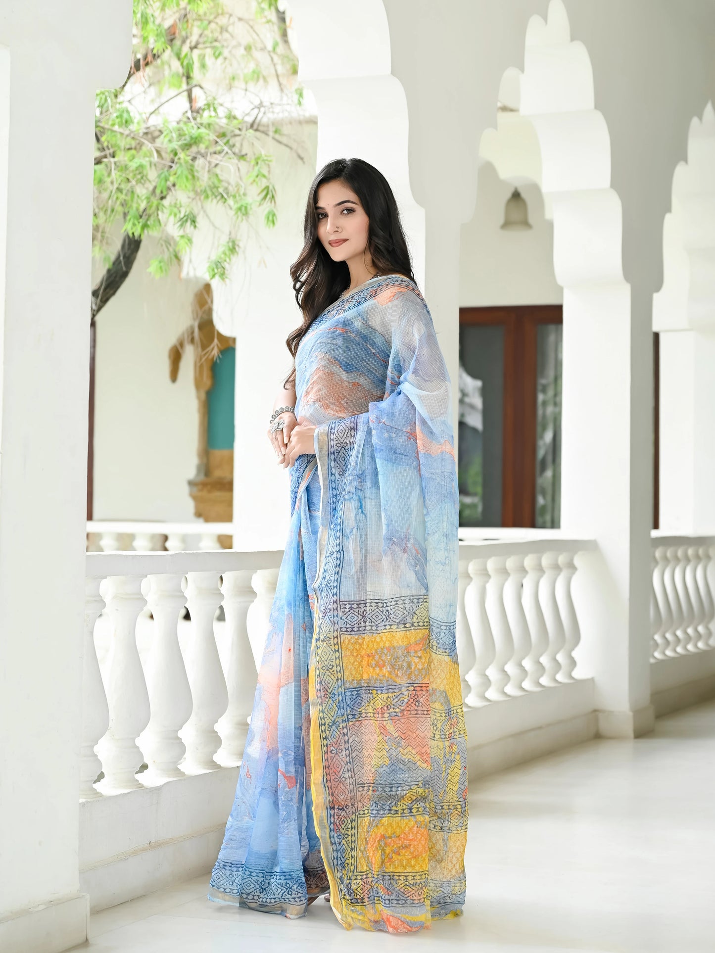 Blue Marble Painted Pure Hand Block printed Kota Doria saree