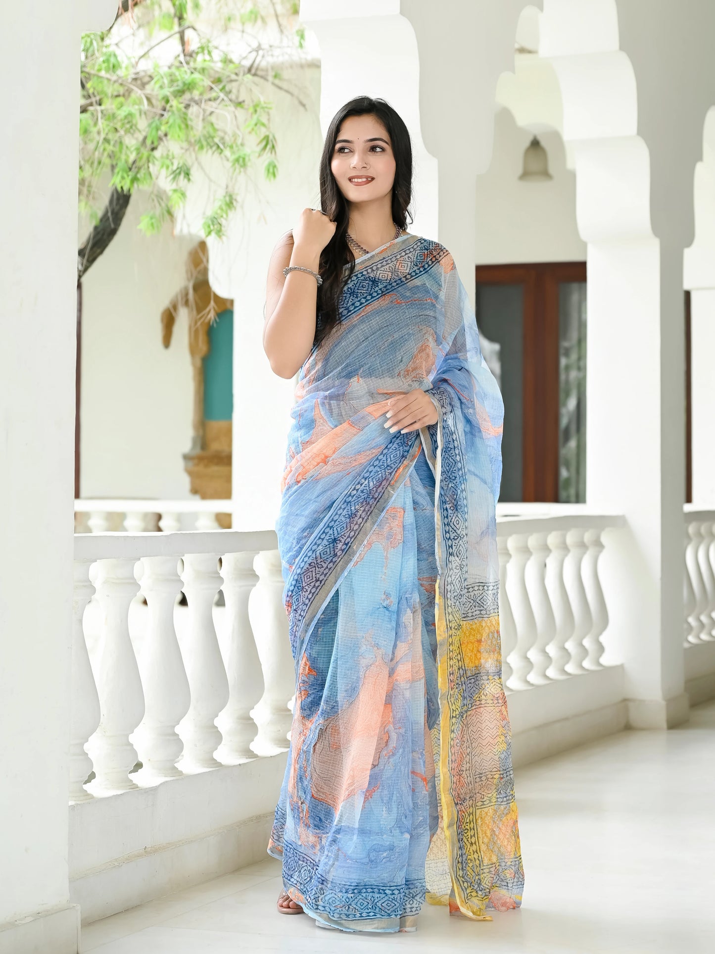 Blue Marble Painted Pure Hand Block printed Kota Doria saree