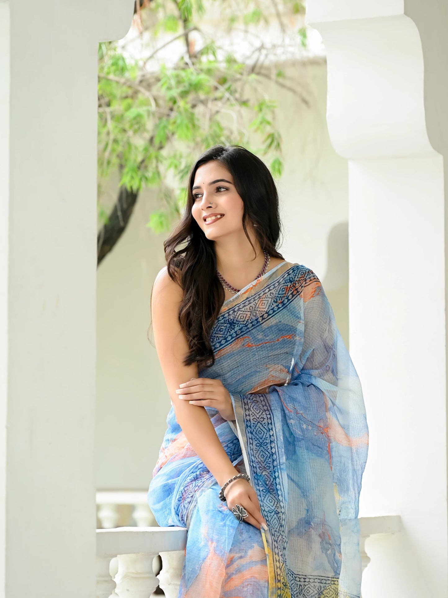 Blue Marble Painted Pure Hand Block printed Kota Doria saree