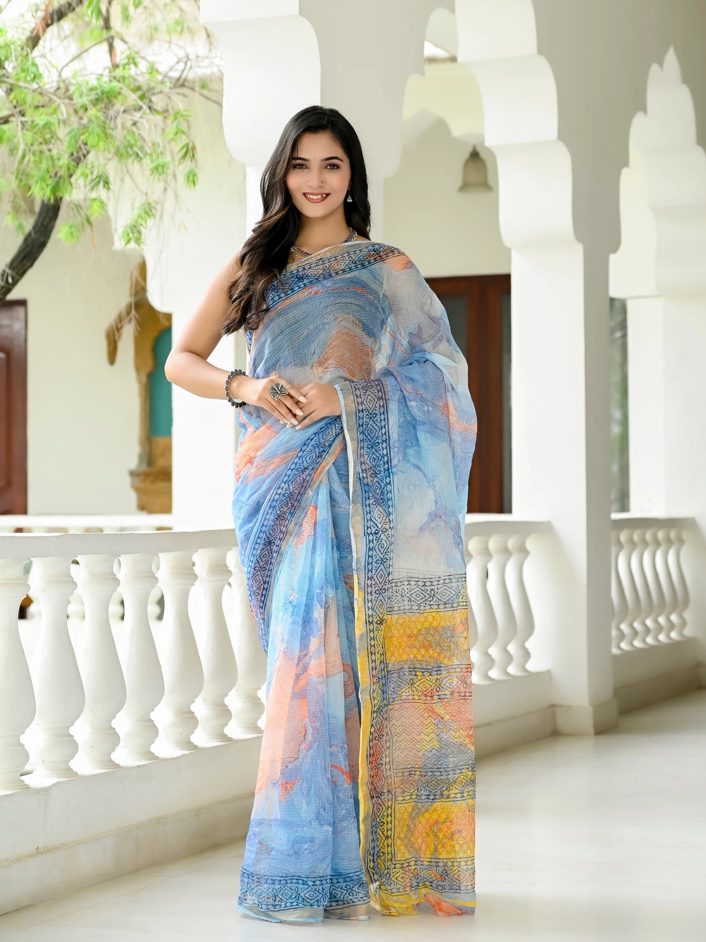 Blue Marble Painted Pure Hand Block printed Kota Doria saree