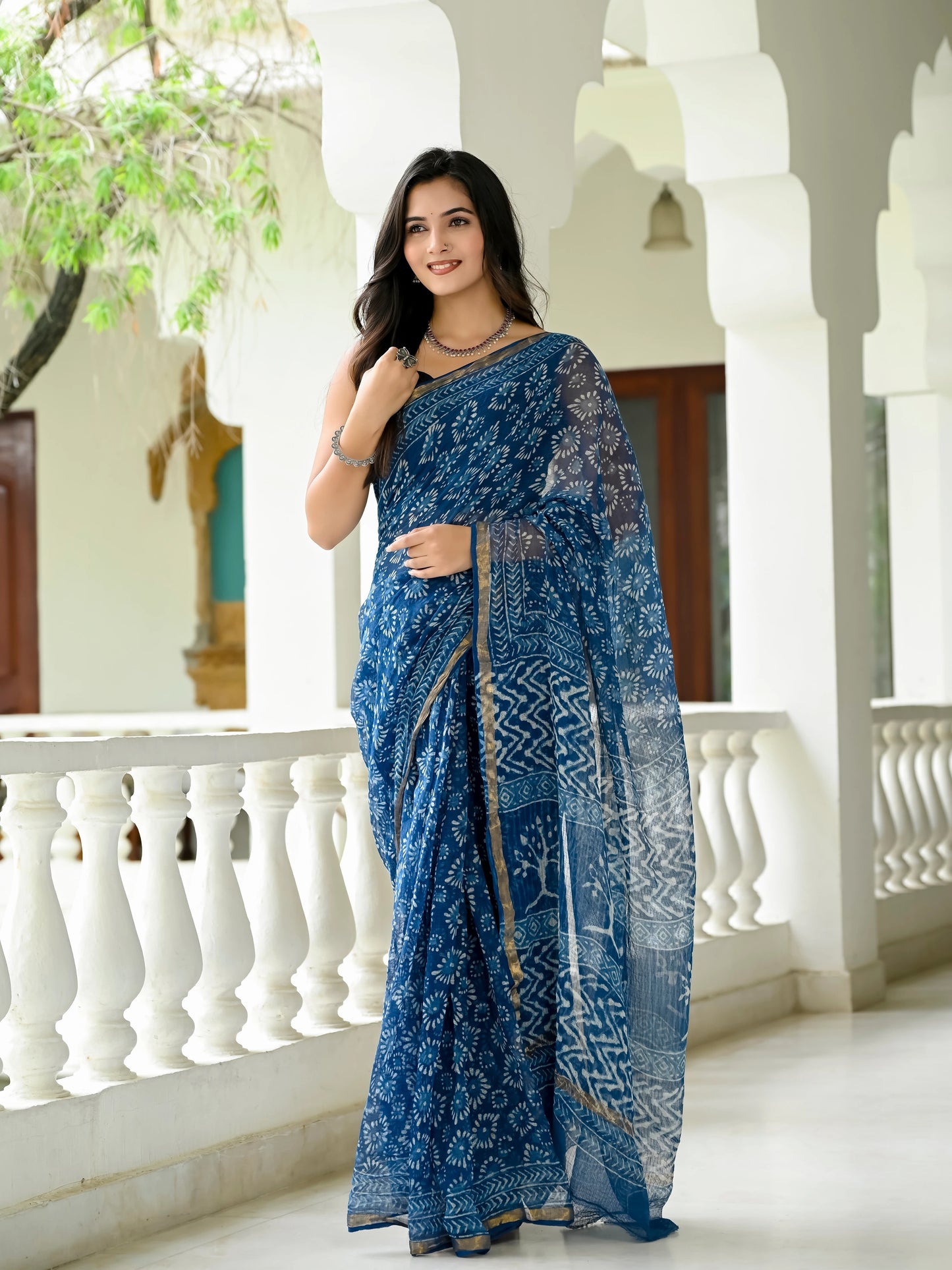 Indigo Geometric Block Printed Pure Kota Doria Saree