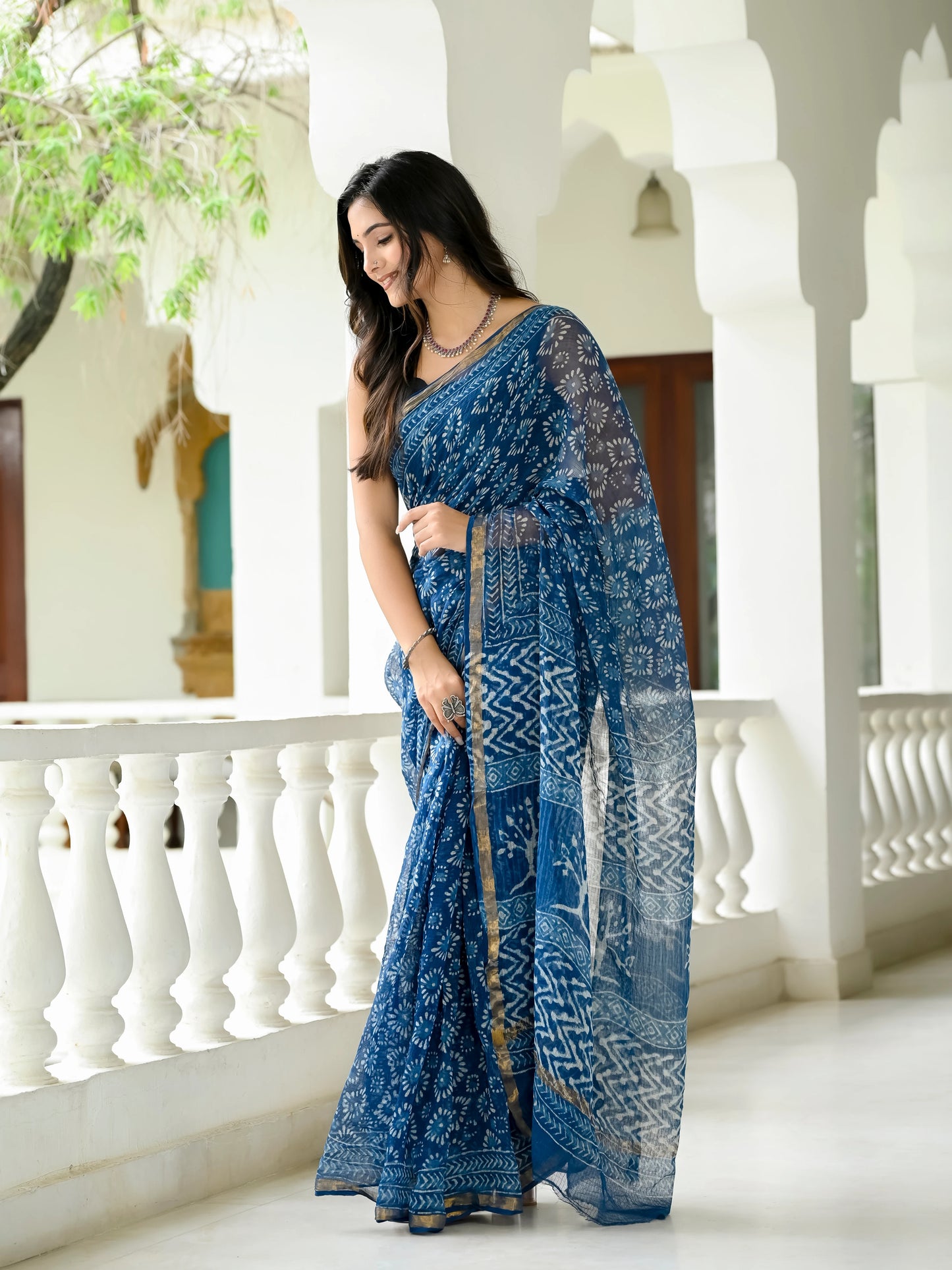 Indigo Geometric Block Printed Pure Kota Doria Saree