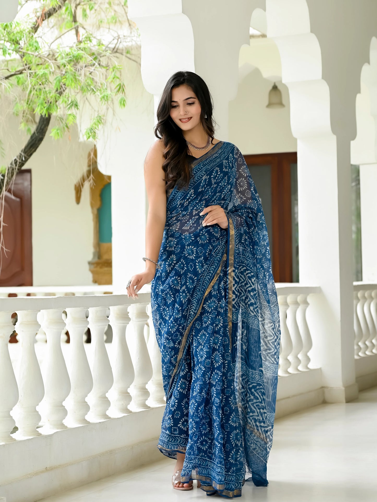 Indigo Geometric Block Printed Pure Kota Doria Saree