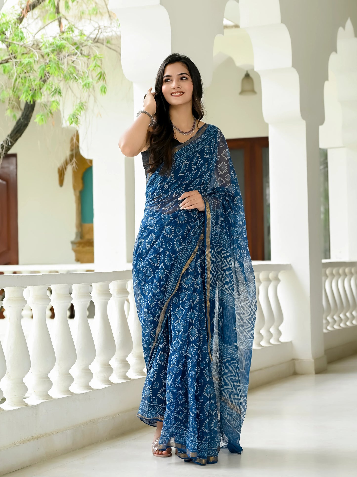 Indigo Geometric Block Printed Pure Kota Doria Saree