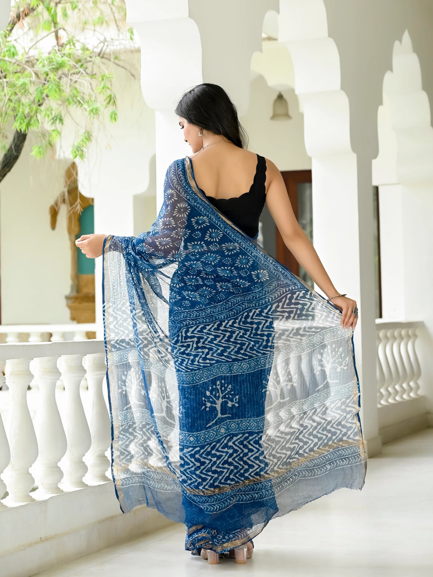Indigo Geometric Block Printed Pure Kota Doria Saree