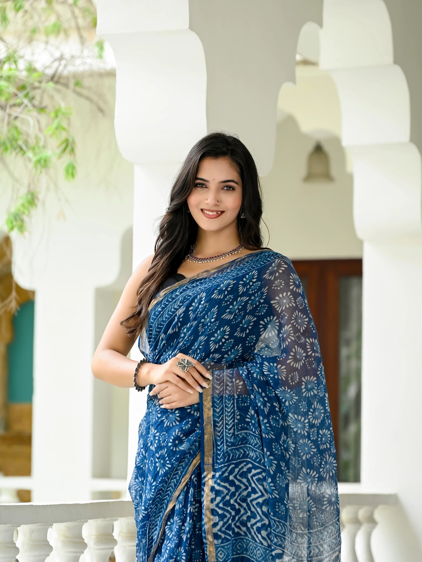 Indigo Geometric Block Printed Pure Kota Doria Saree
