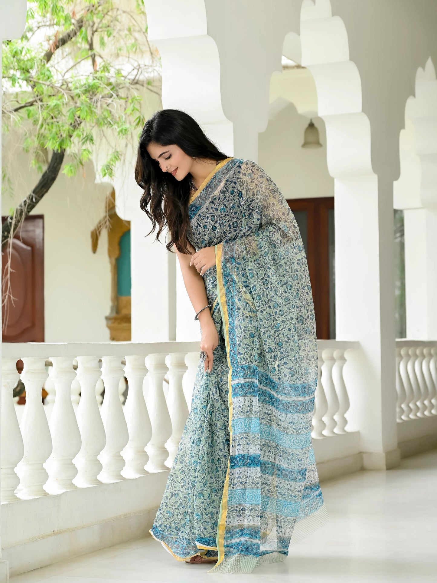 Pista Floral Jaal pure hand block print kota doria saree