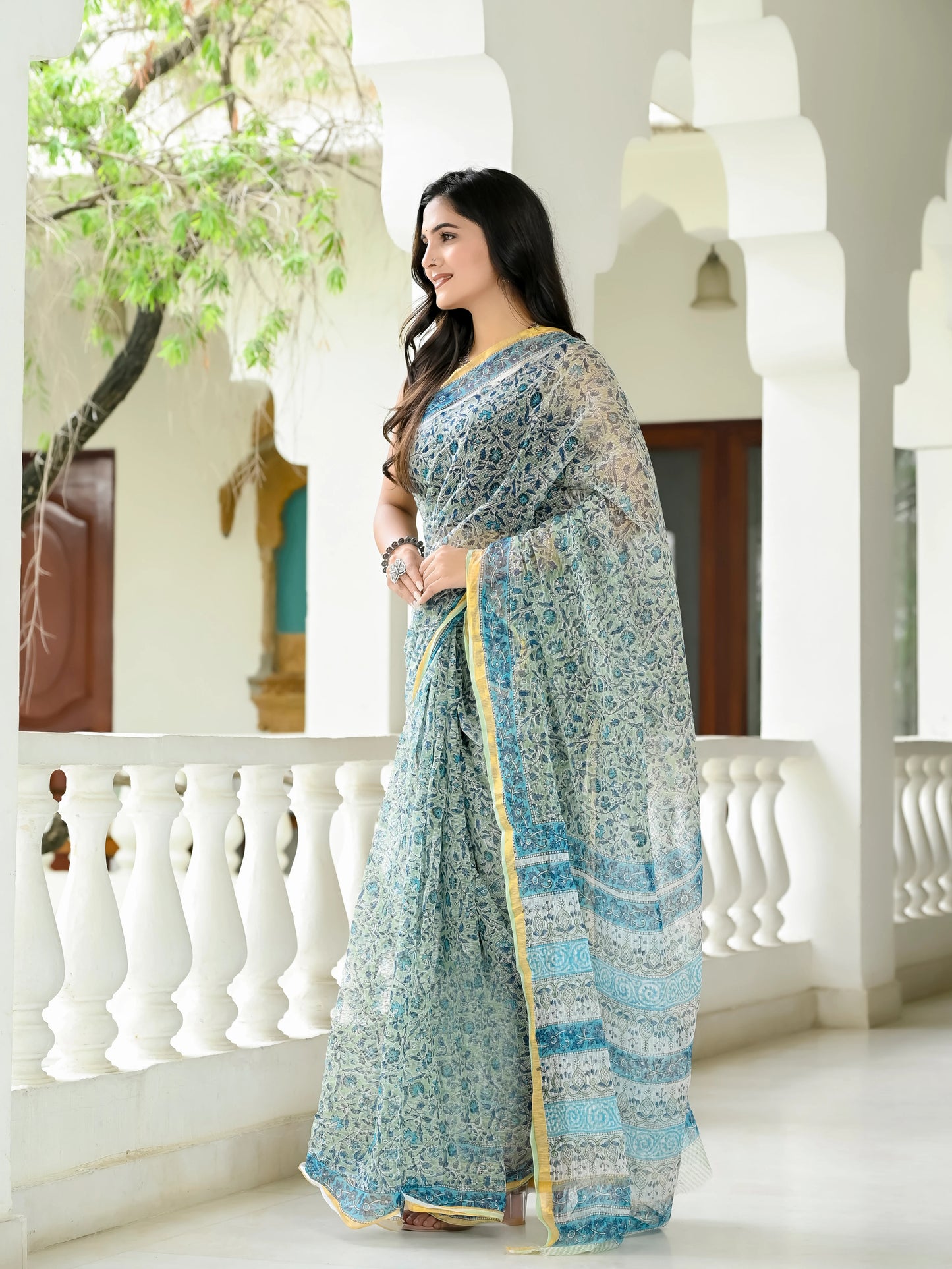 Pista Floral Jaal pure hand block print kota doria saree