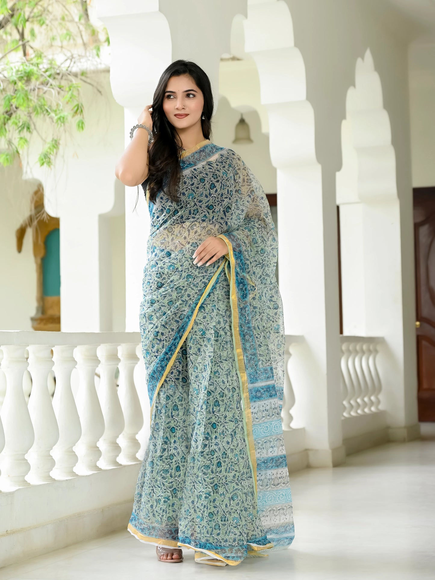 Pista Floral Jaal pure hand block print kota doria saree