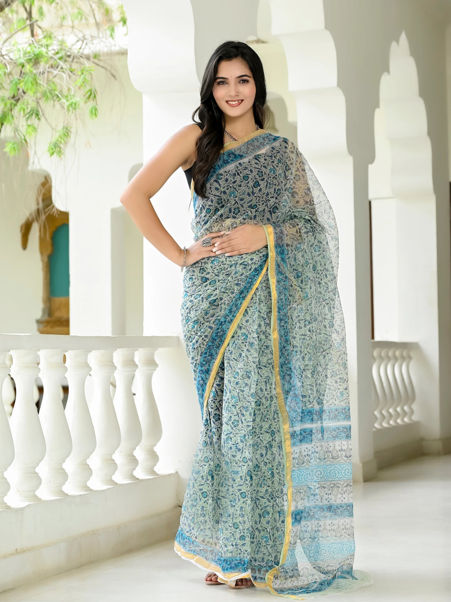 Pista Floral Jaal pure hand block print kota doria saree