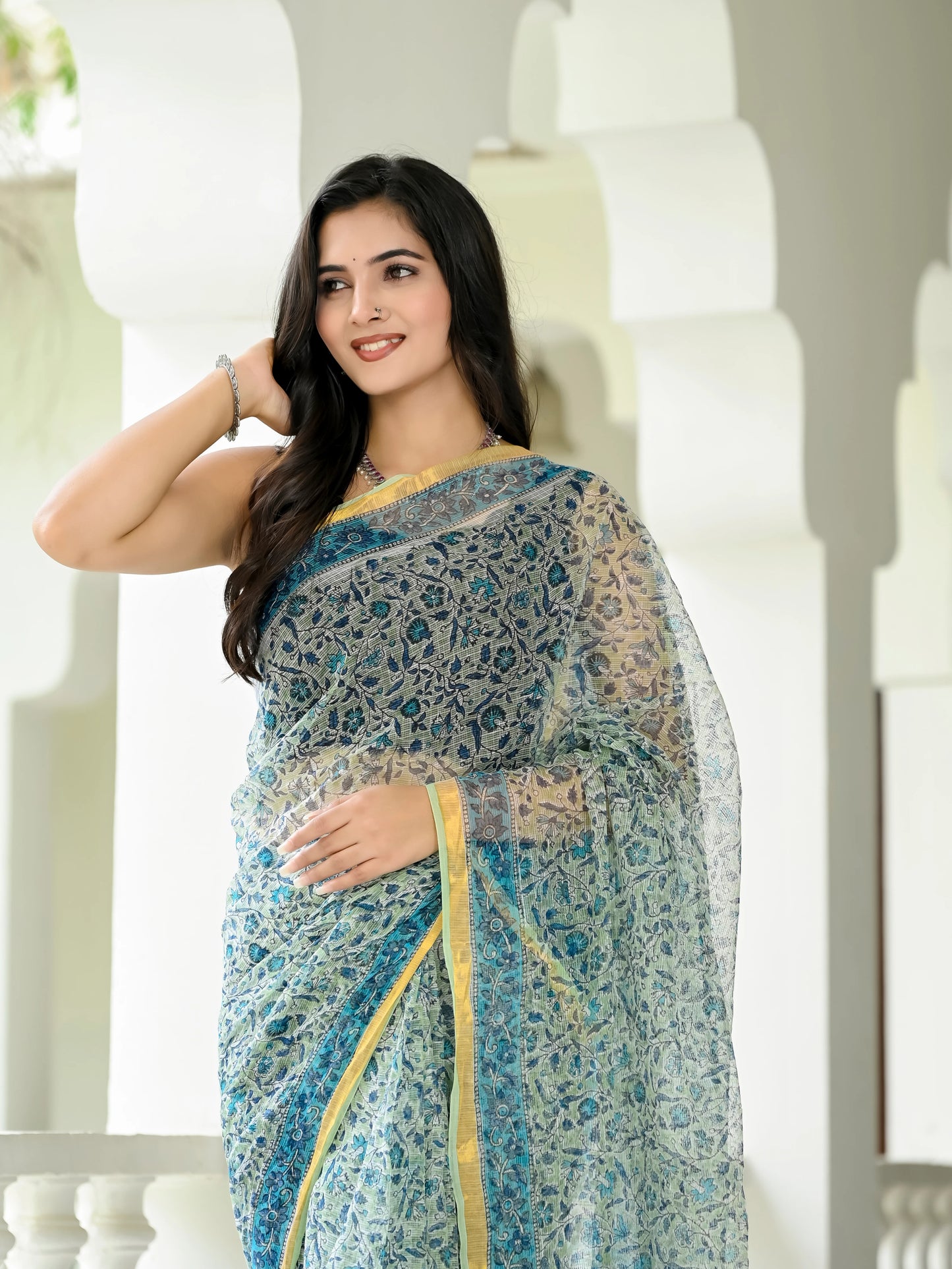 Pista Floral Jaal pure hand block print kota doria saree