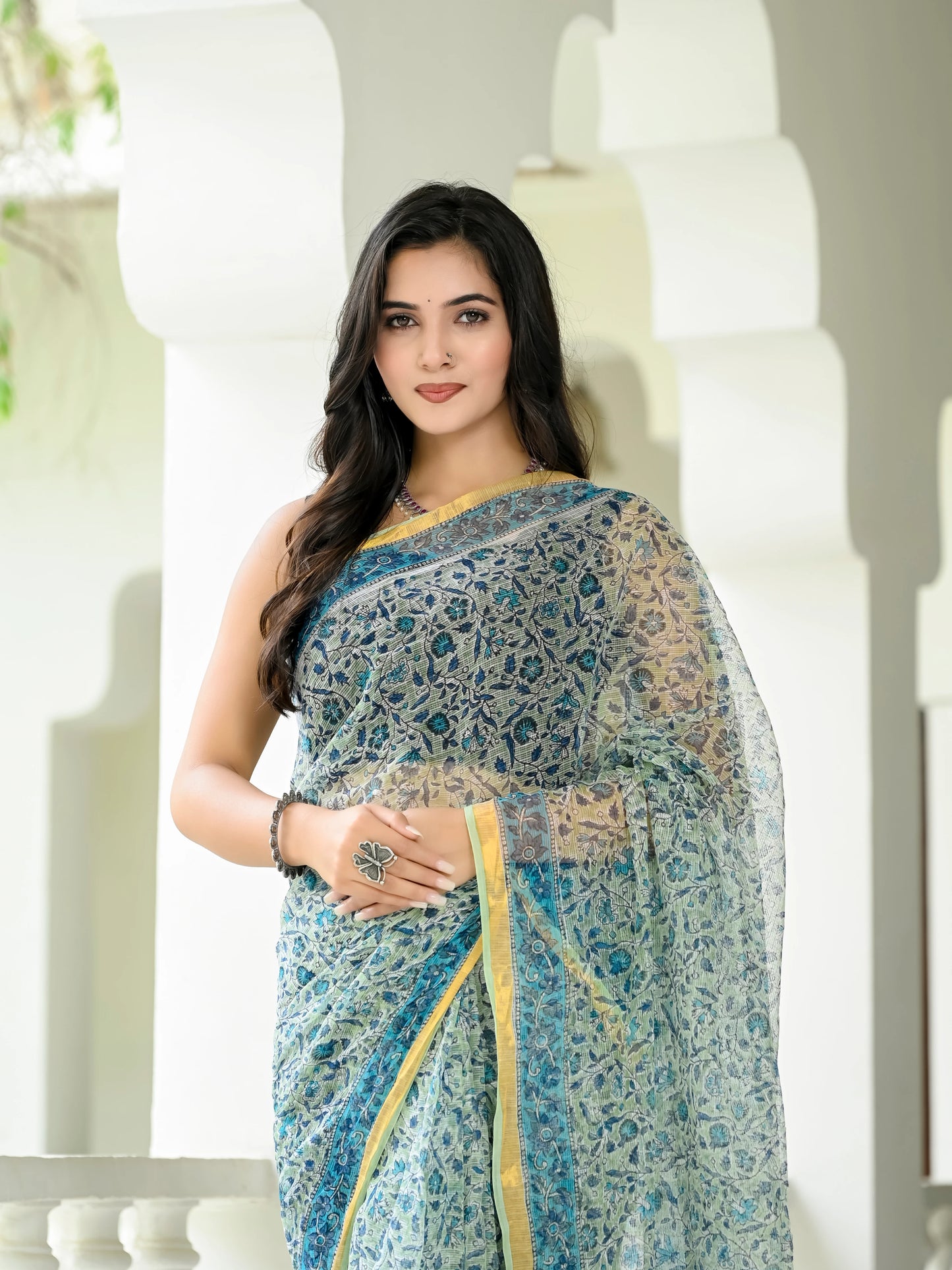 Pista Floral Jaal pure hand block print kota doria saree