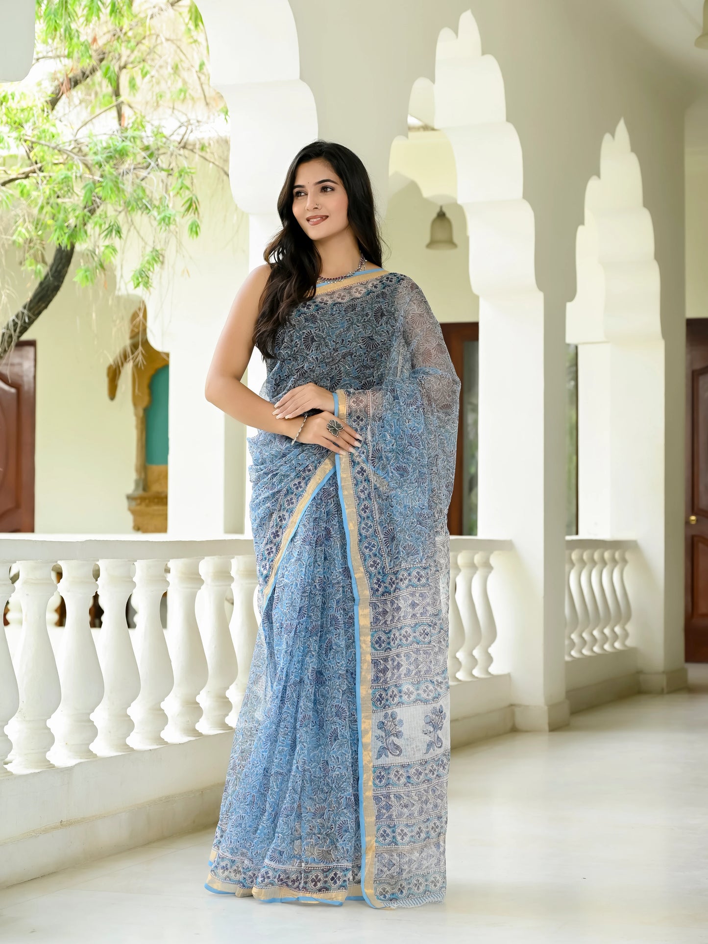 Sky Floral Jaal pure hand block print kota doria saree
