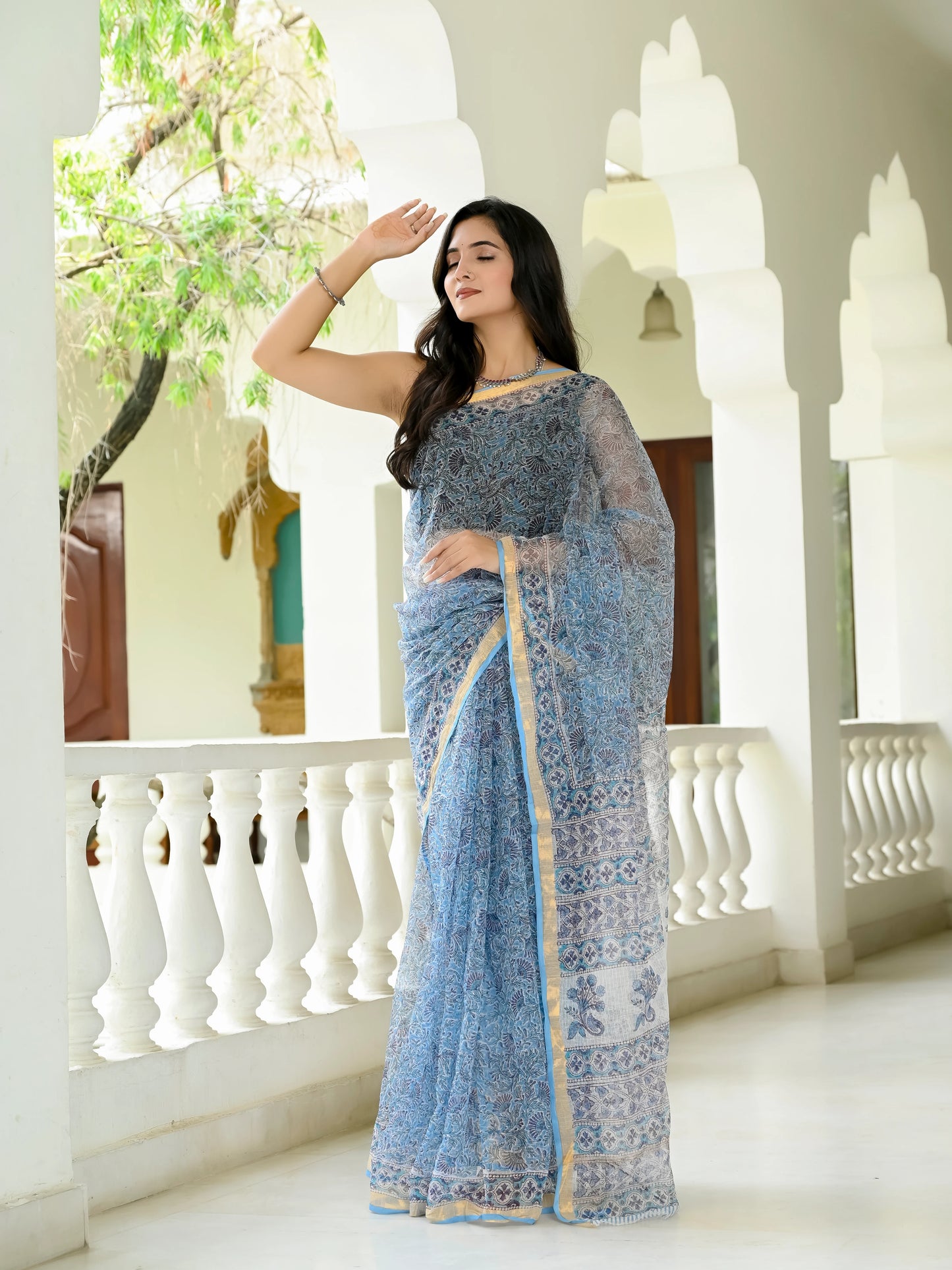Sky Floral Jaal pure hand block print kota doria saree