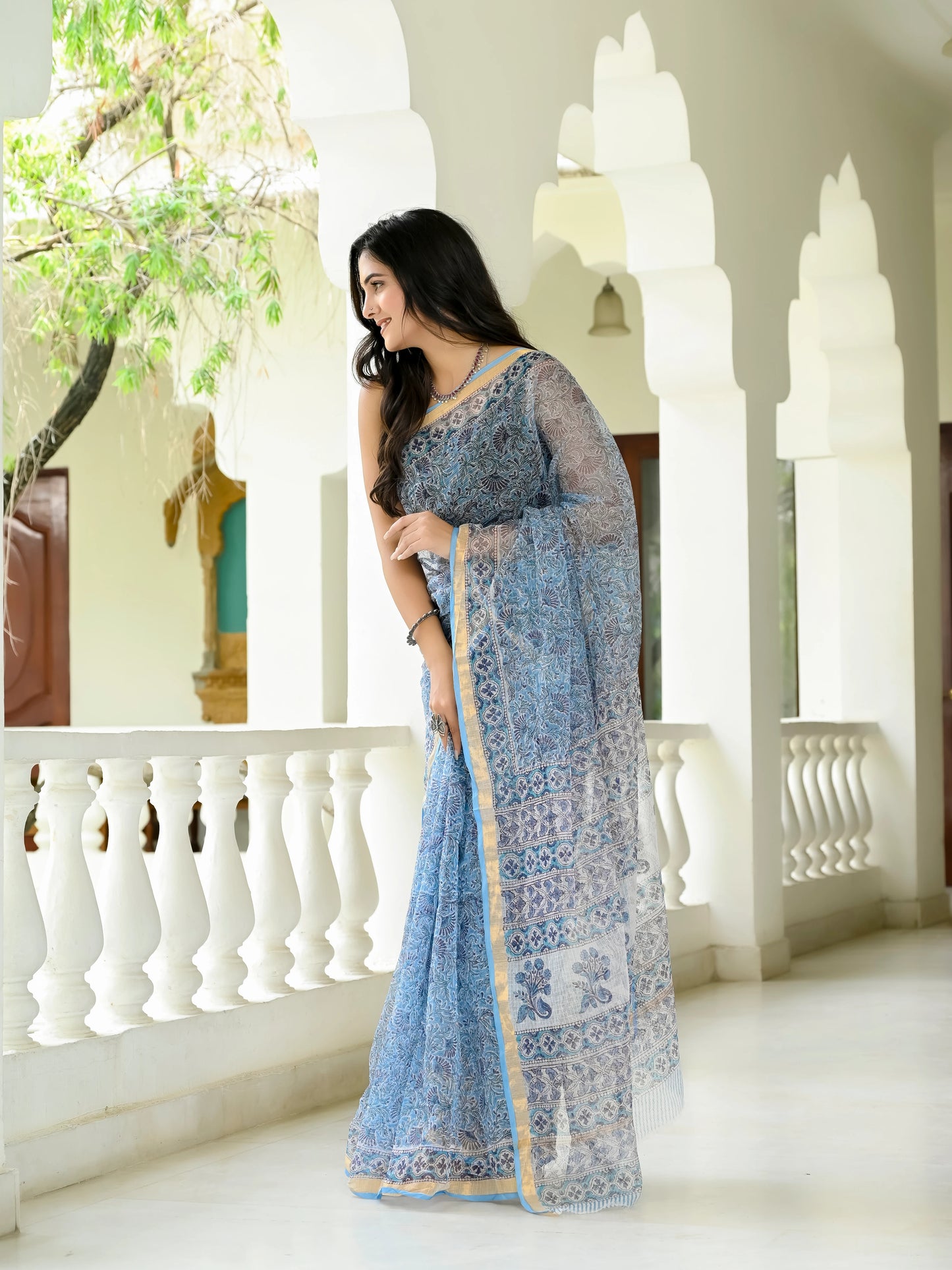Sky Floral Jaal pure hand block print kota doria saree