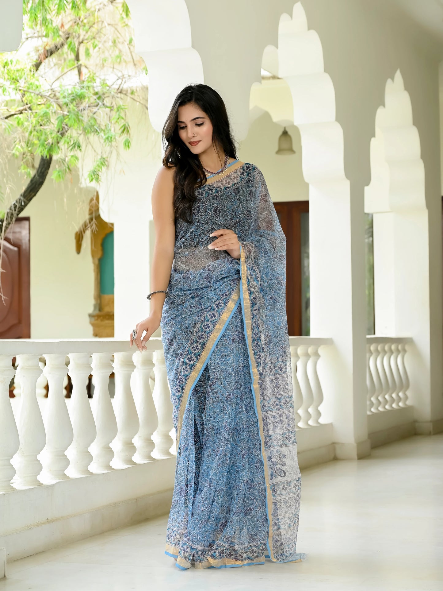 Sky Floral Jaal pure hand block print kota doria saree