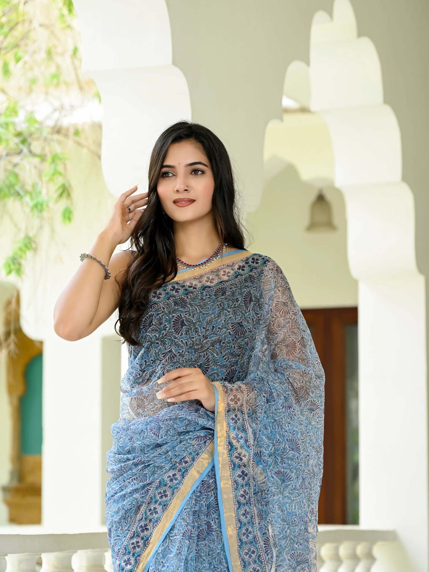 Sky Floral Jaal pure hand block print kota doria saree