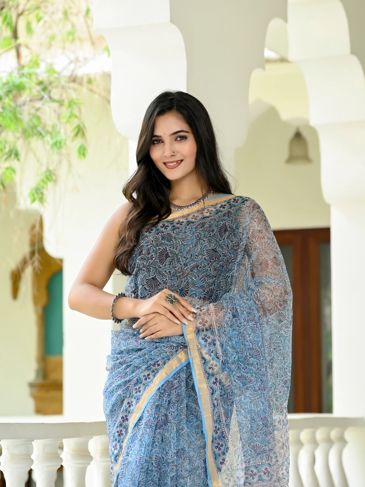 Sky Floral Jaal pure hand block print kota doria saree