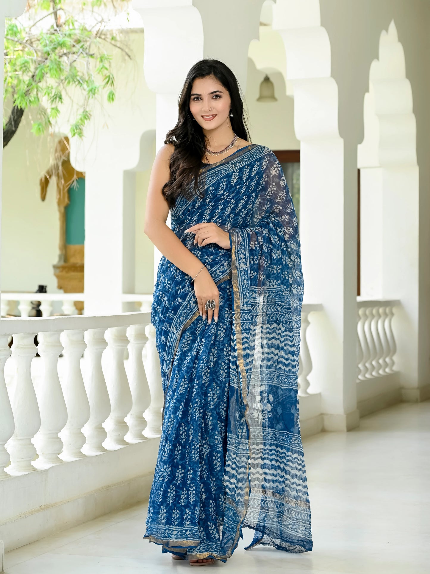 Indigo Bootie Hand Block Printed Pure Kota Doria Saree