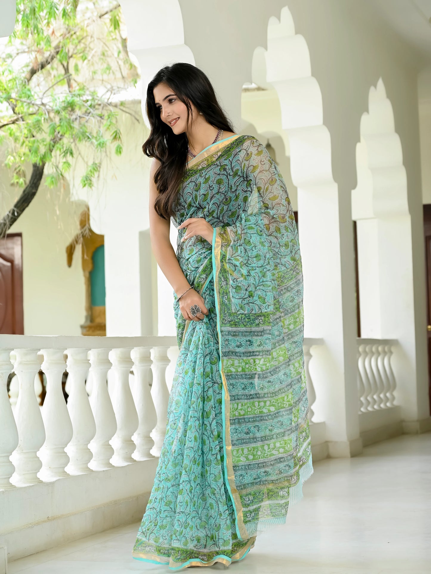 Green Floral Jaal pure hand block print kota doria saree