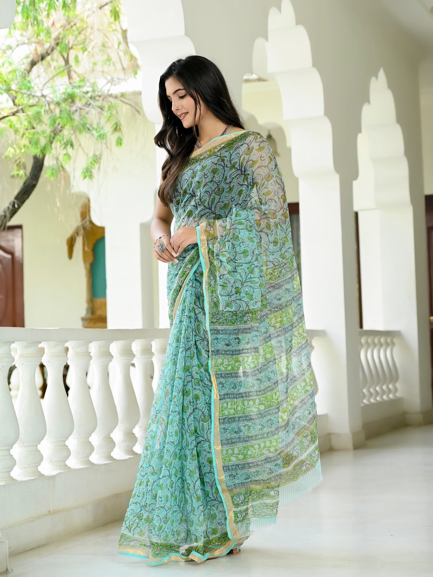 Green Floral Jaal pure hand block print kota doria saree