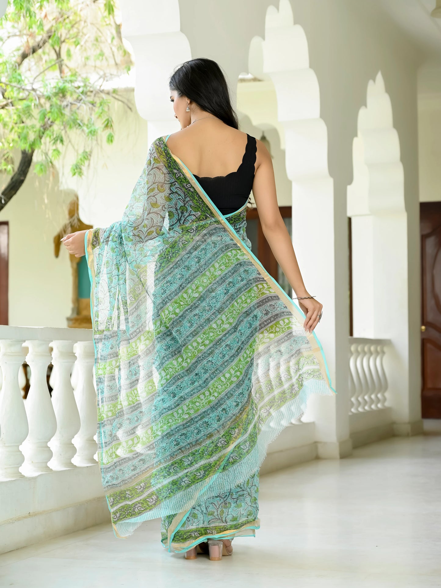 Green Floral Jaal pure hand block print kota doria saree