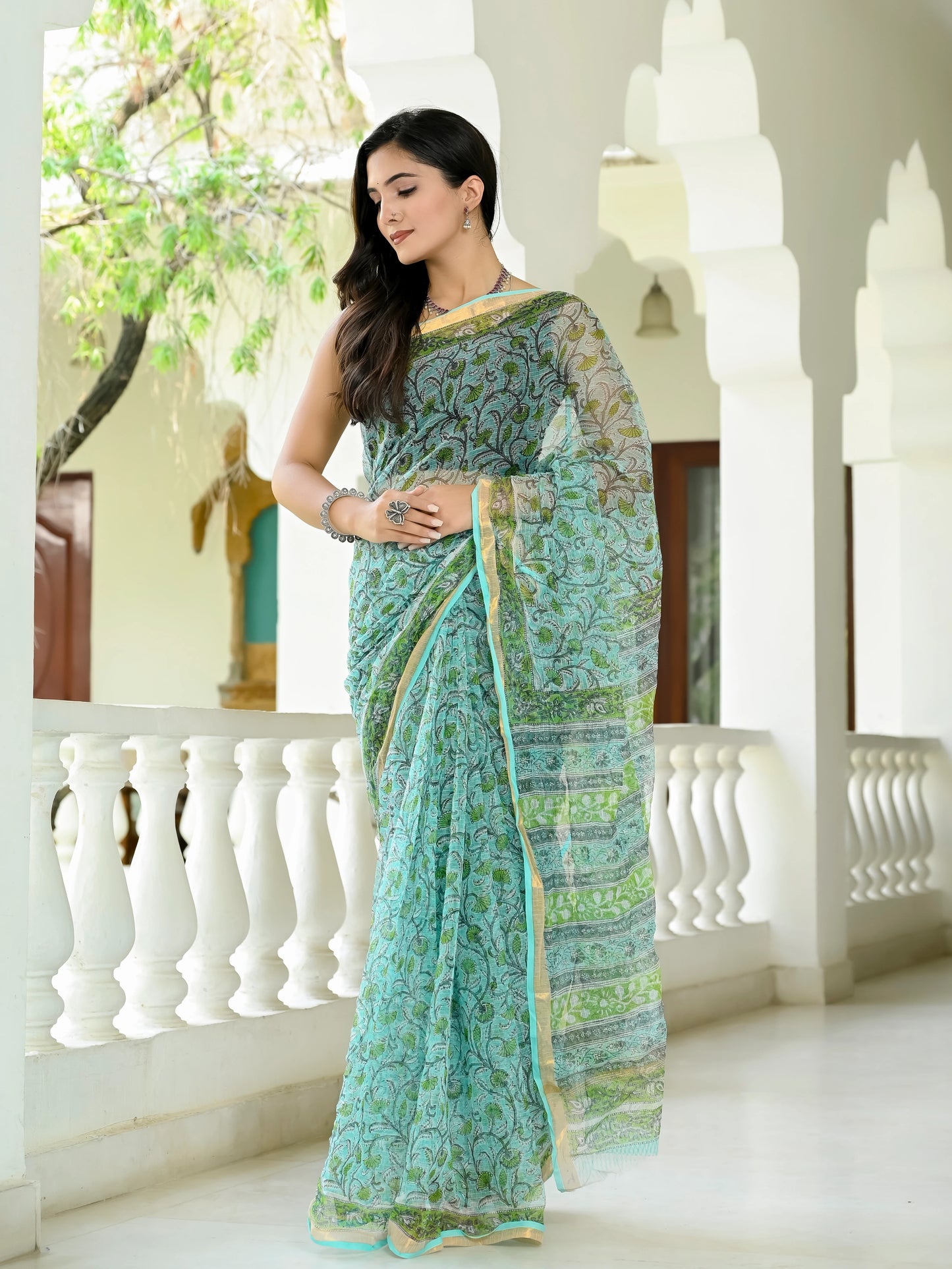 Green Floral Jaal pure hand block print kota doria saree