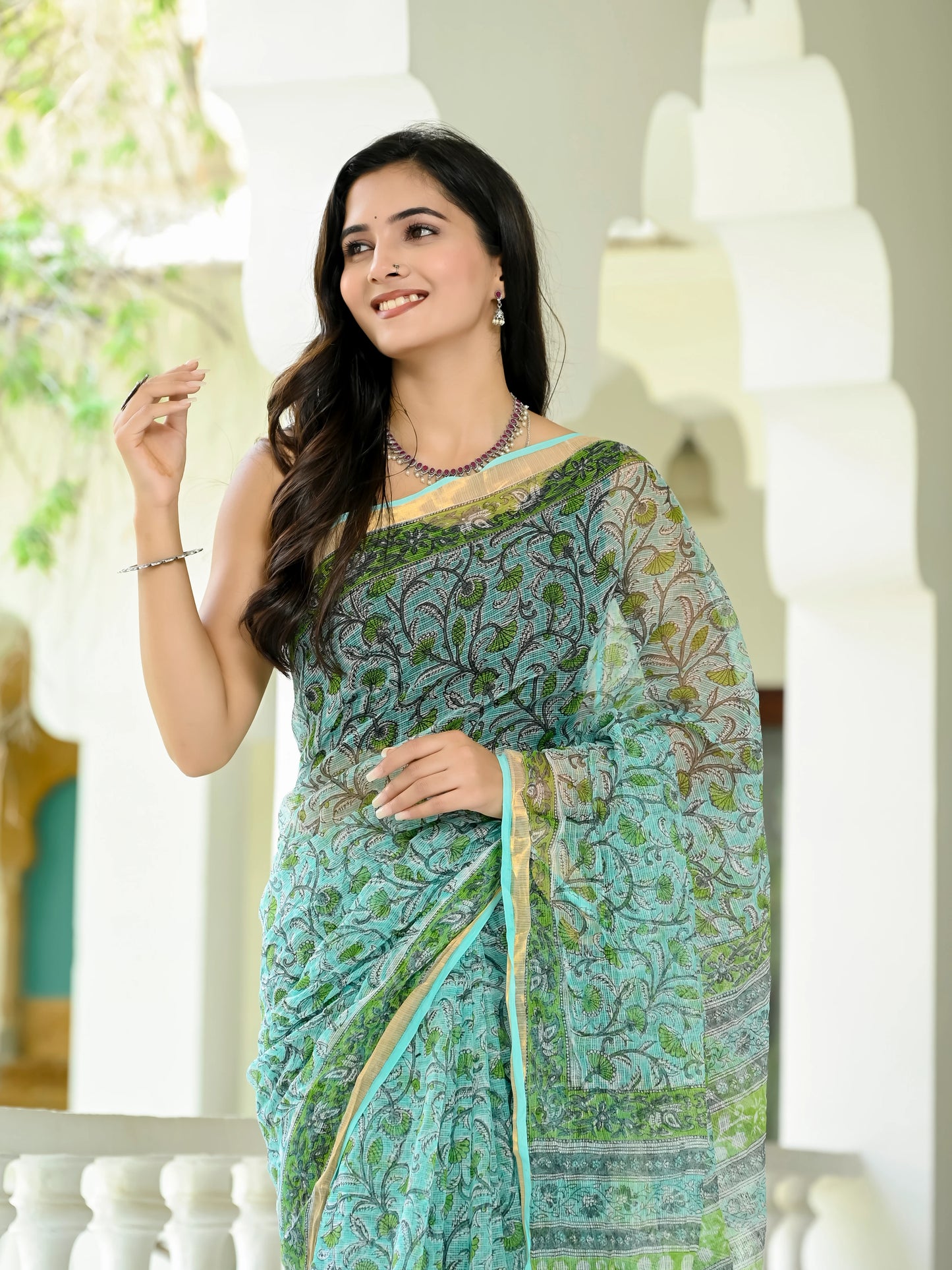 Green Floral Jaal pure hand block print kota doria saree