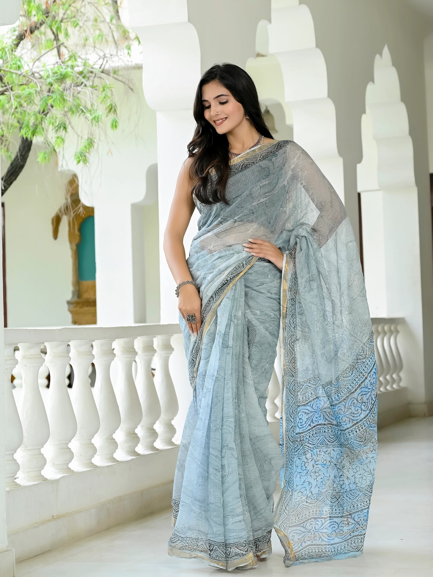 Grey Marble Printed Pure Hand Block printed Kota Doria saree