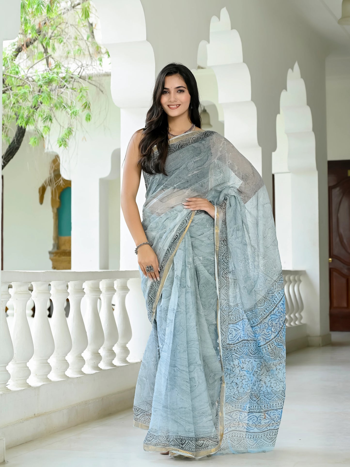 Grey Marble Printed Pure Hand Block printed Kota Doria saree