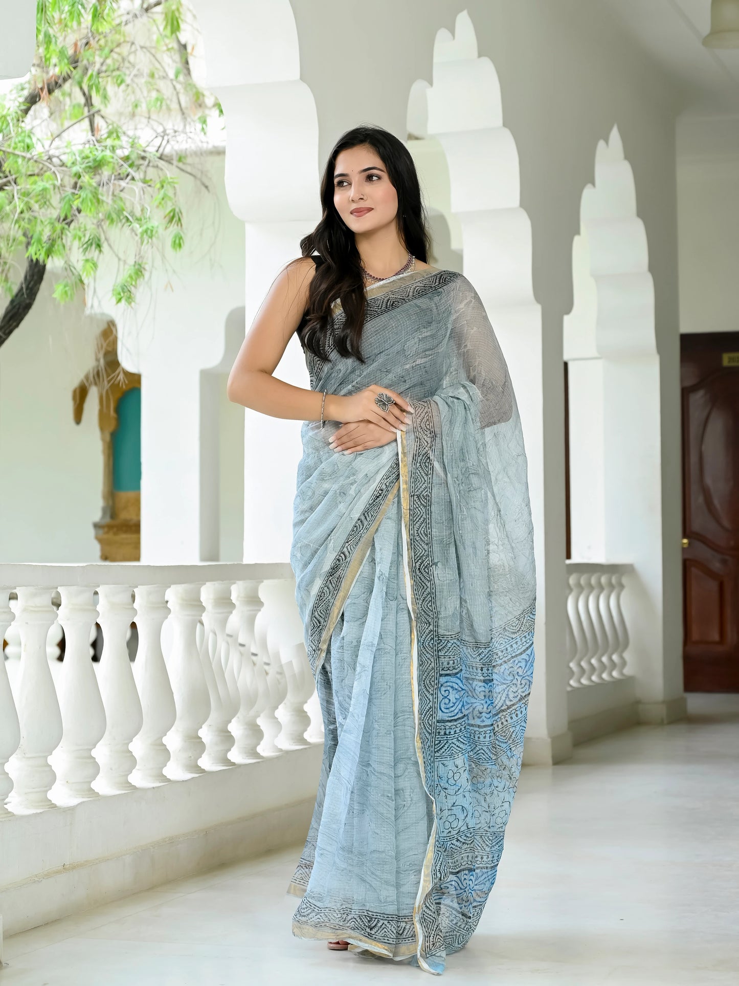 Grey Marble Printed Pure Hand Block printed Kota Doria saree