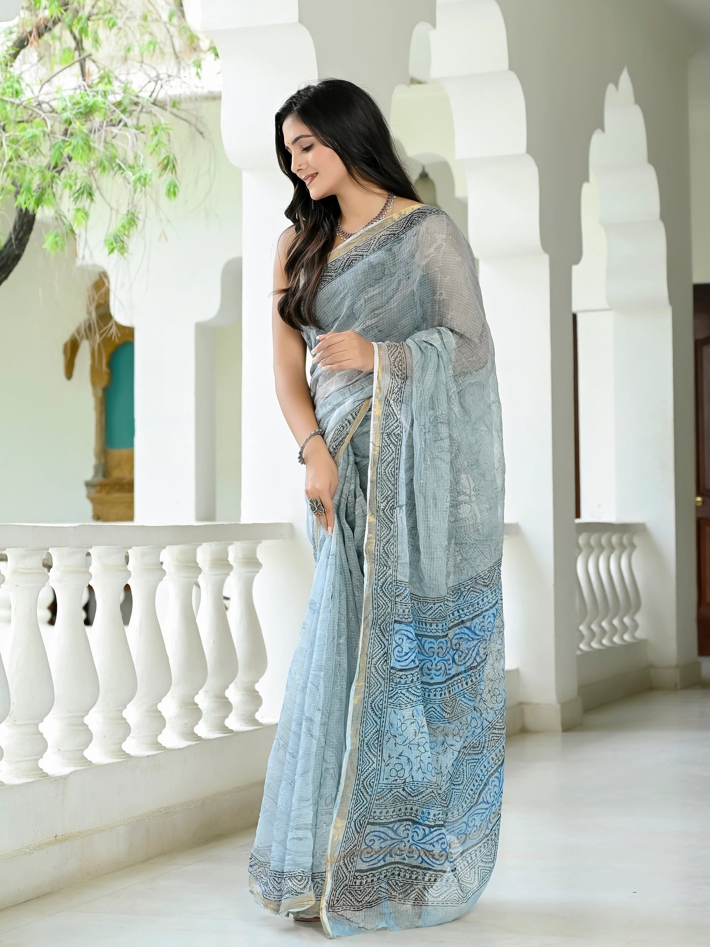 Grey Marble Printed Pure Hand Block printed Kota Doria saree