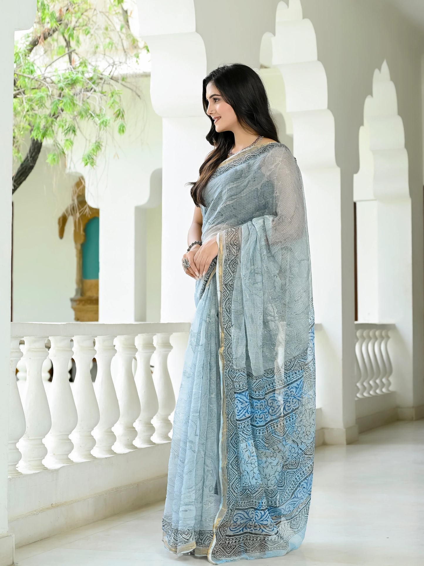 Grey Marble Printed Pure Hand Block printed Kota Doria saree