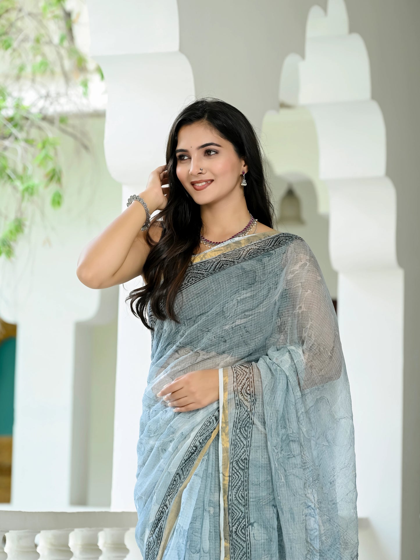 Grey Marble Printed Pure Hand Block printed Kota Doria saree