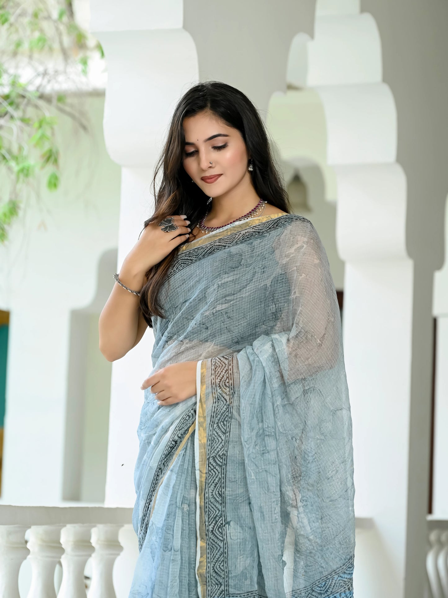 Grey Marble Printed Pure Hand Block printed Kota Doria saree