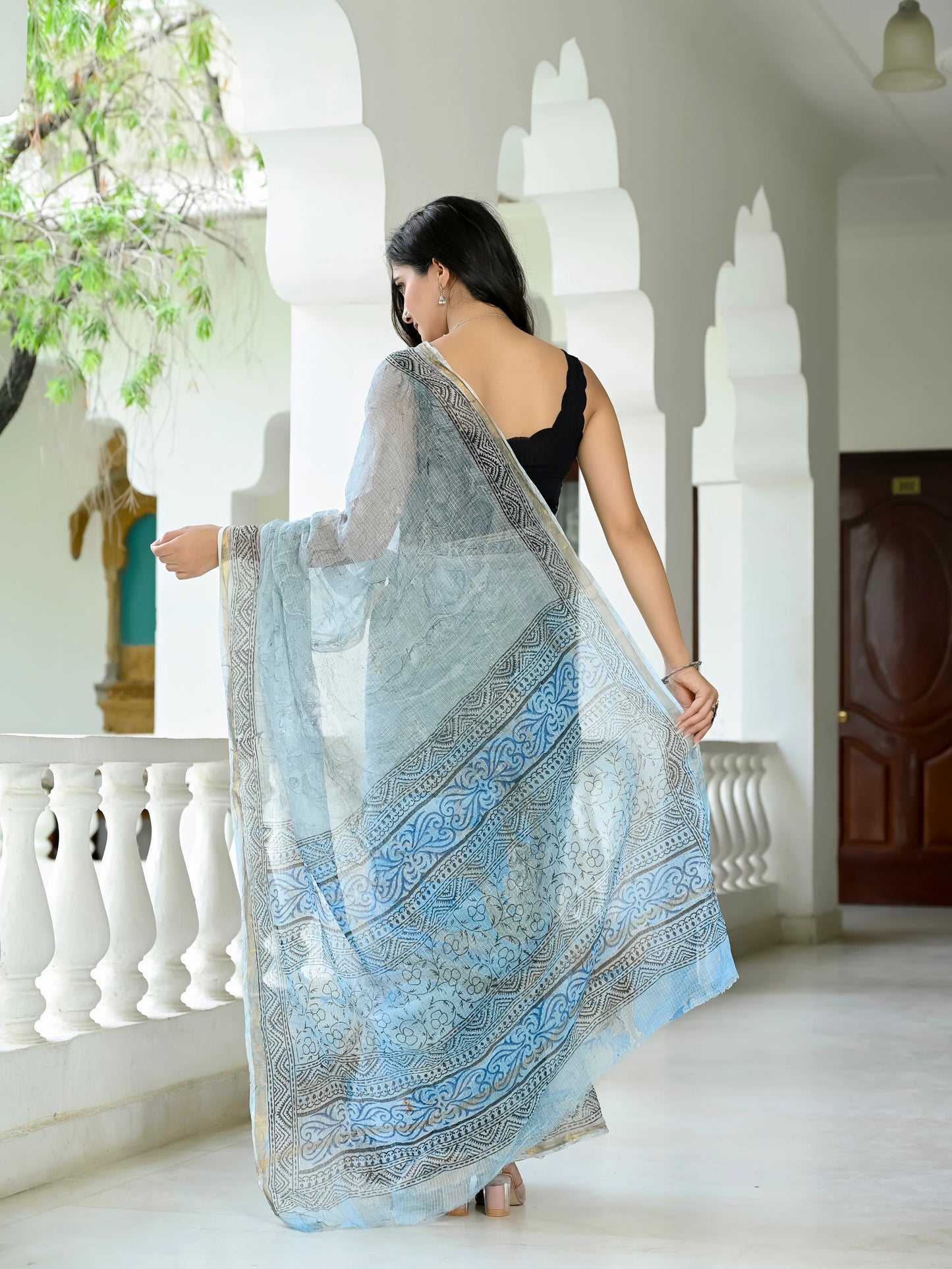 Grey Marble Printed Pure Hand Block printed Kota Doria saree