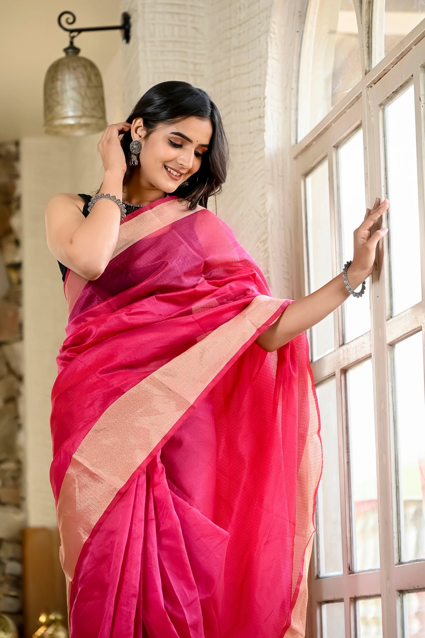 Magenta pink color kota silk saree with heavy golden zari border