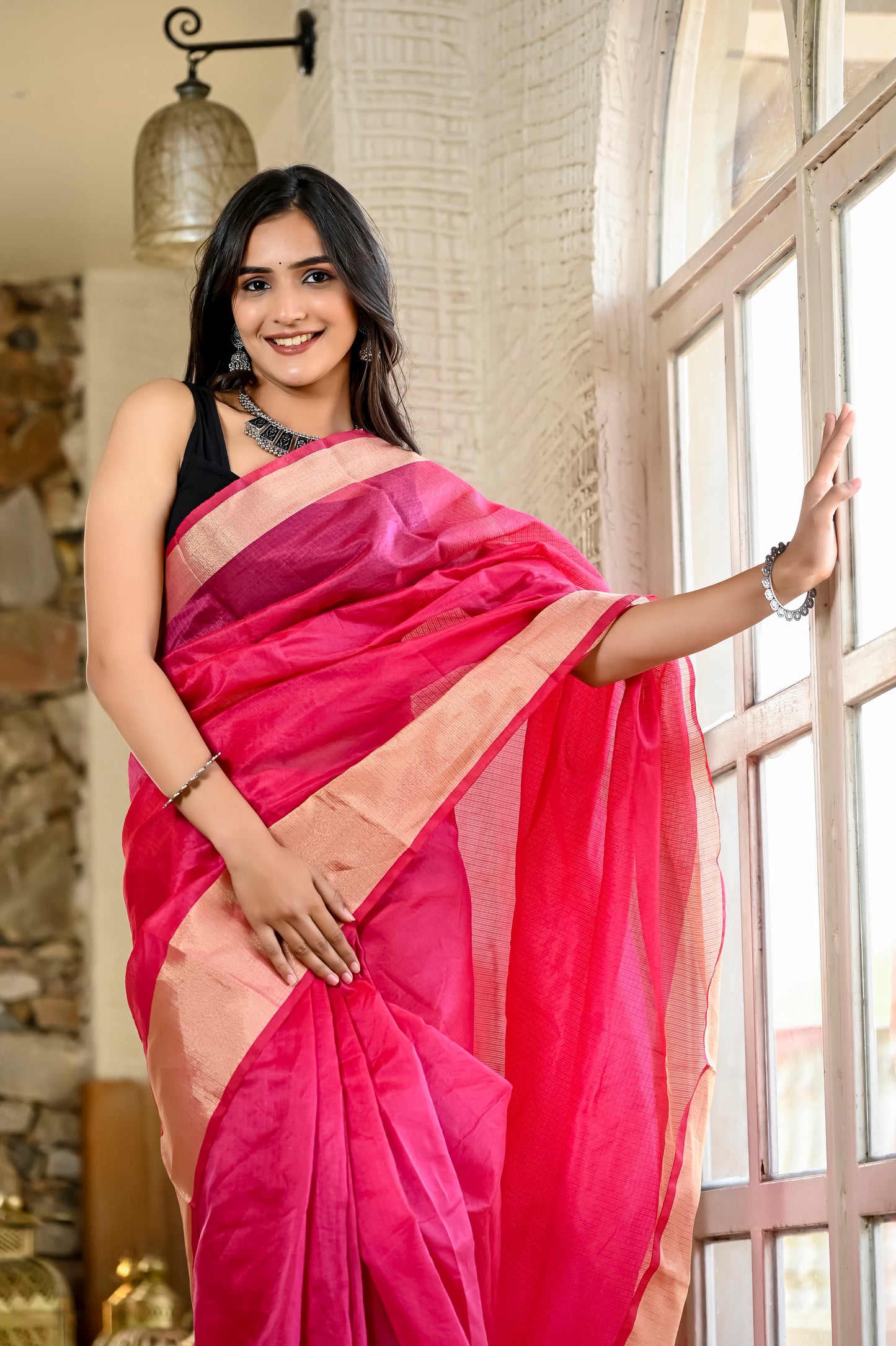 Magenta pink color kota silk saree with heavy golden zari border