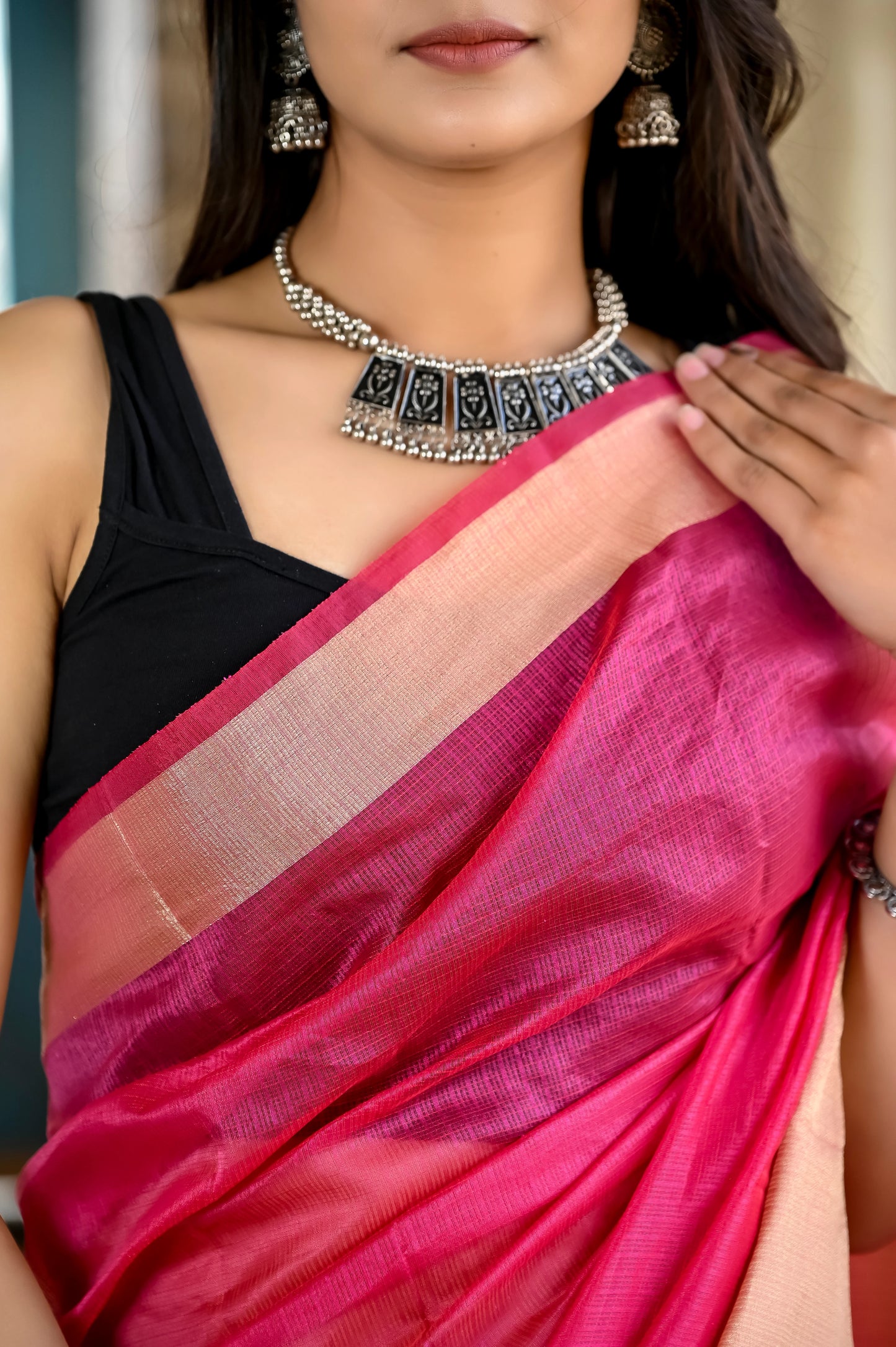Magenta pink color kota silk saree with heavy golden zari border