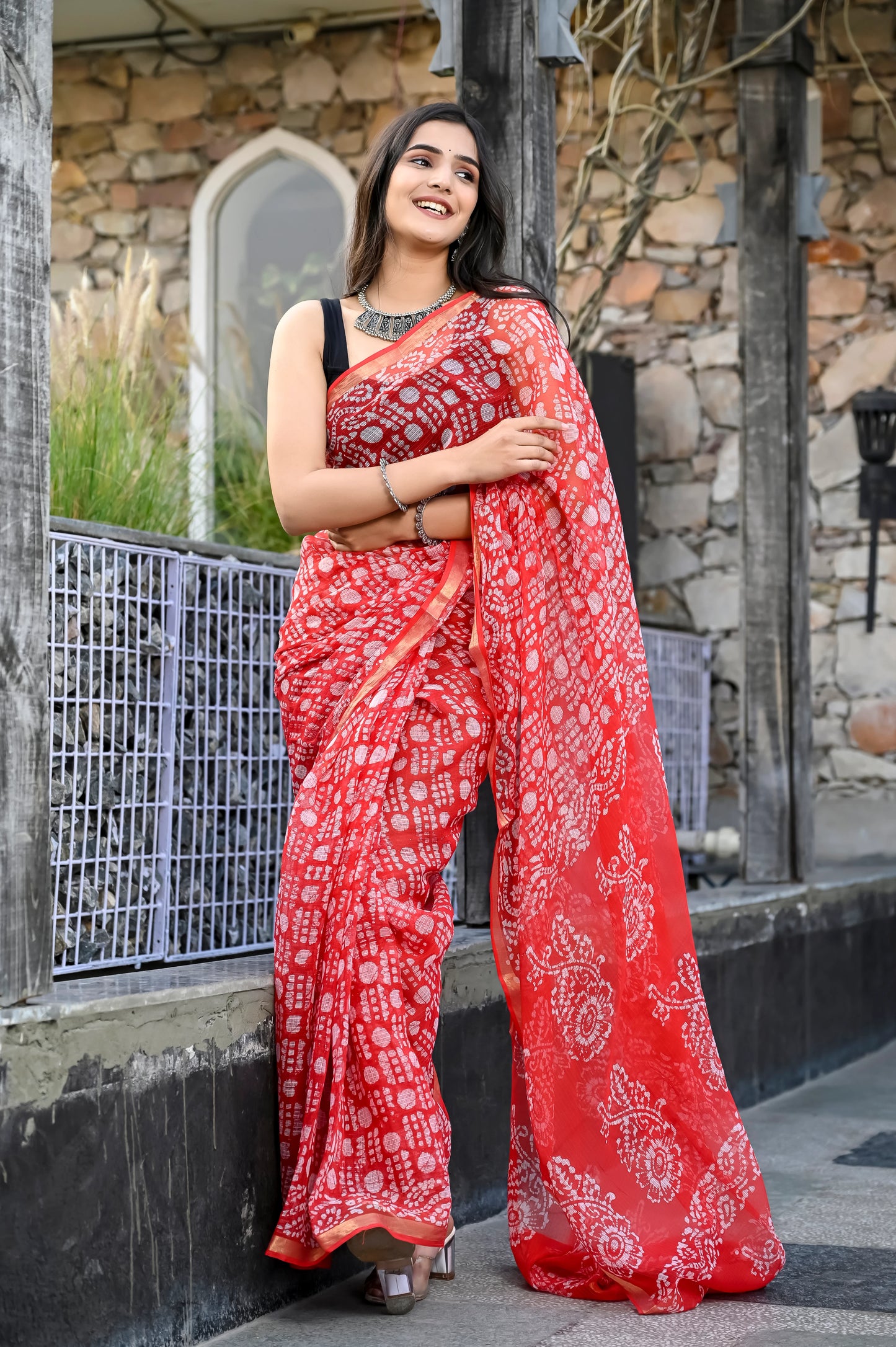 Red jhaal hand block pure kota doria saree