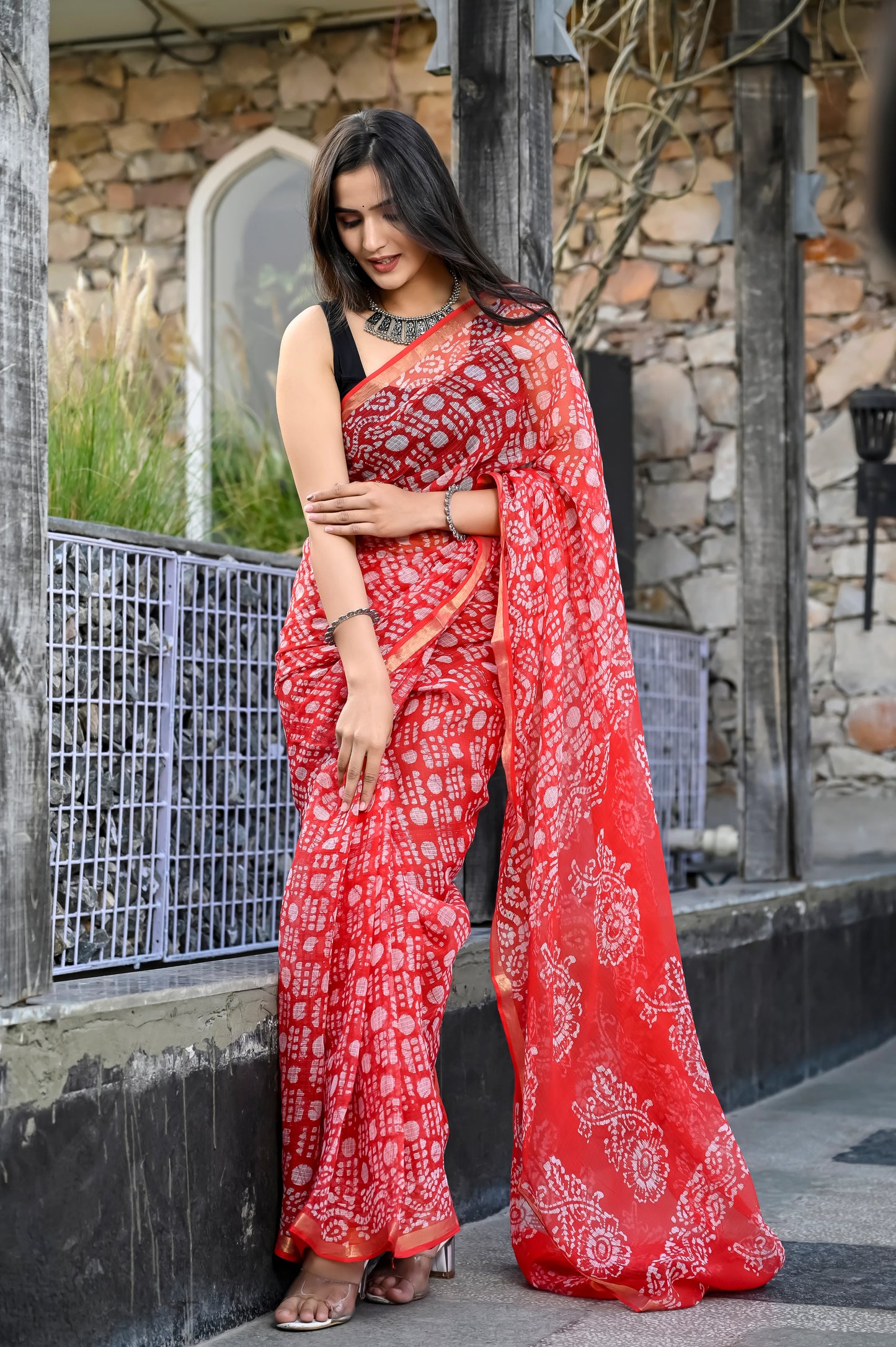 Red jhaal hand block pure kota doria saree
