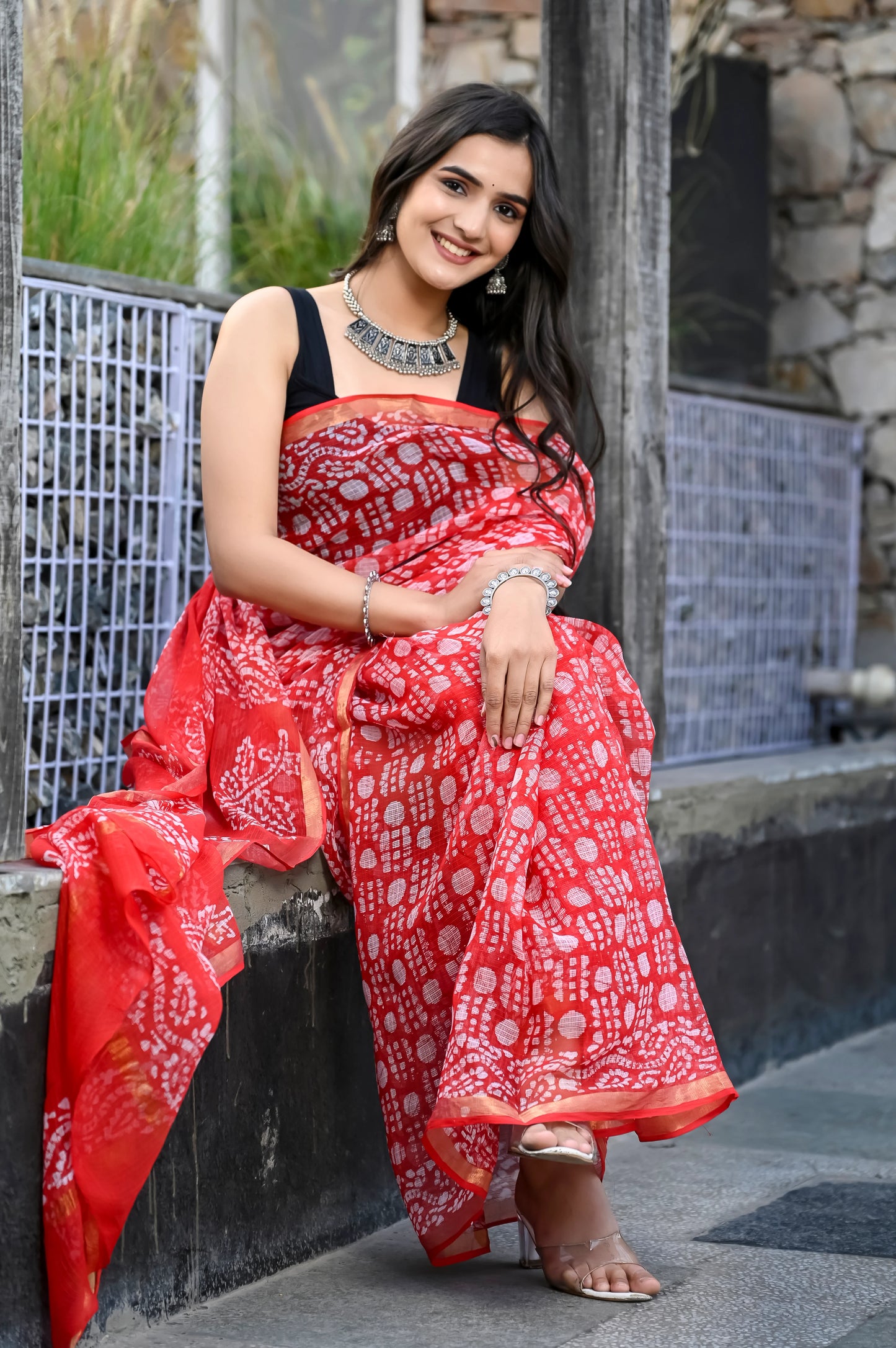 Red jhaal hand block pure kota doria saree