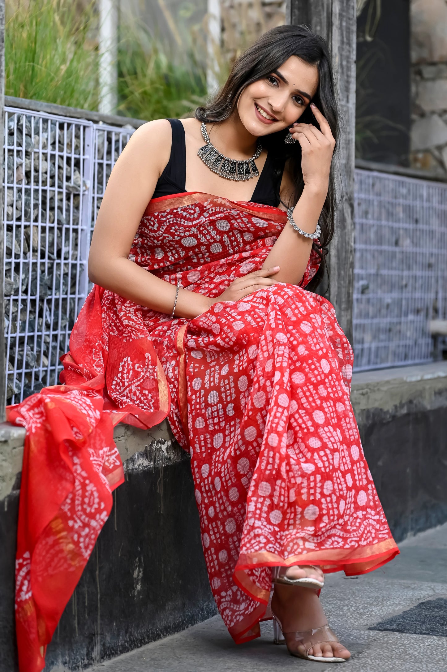 Red jhaal hand block pure kota doria saree