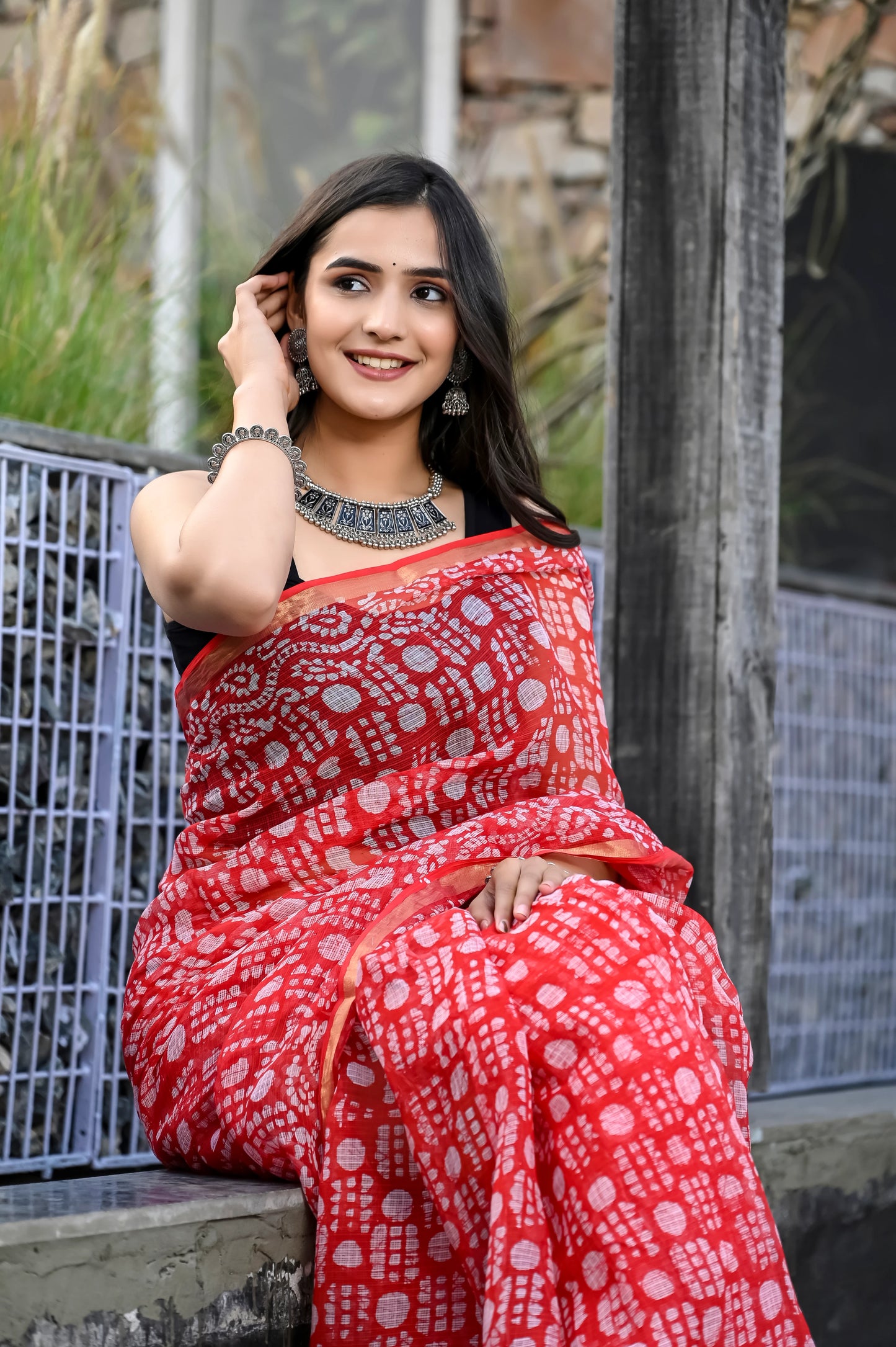 Red jhaal hand block pure kota doria saree