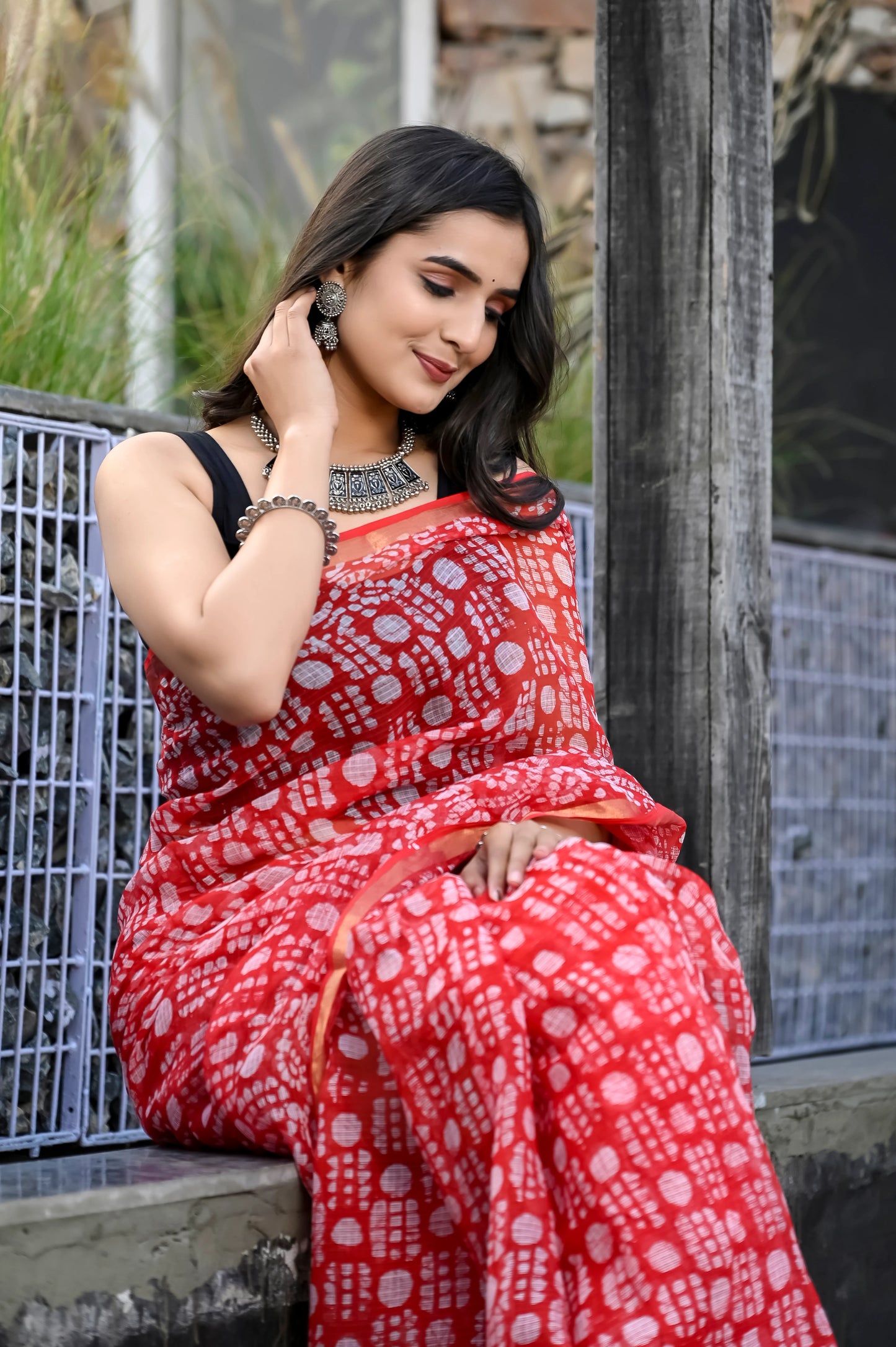 Red jhaal hand block pure kota doria saree