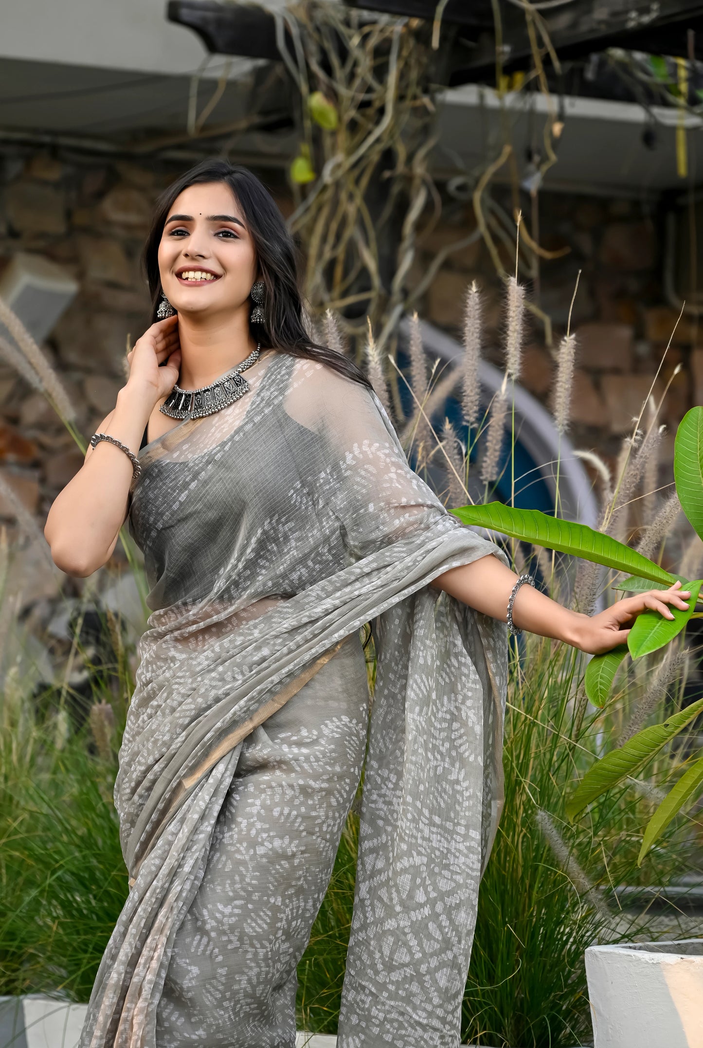 Grey batik print hand block pure kota doria saree