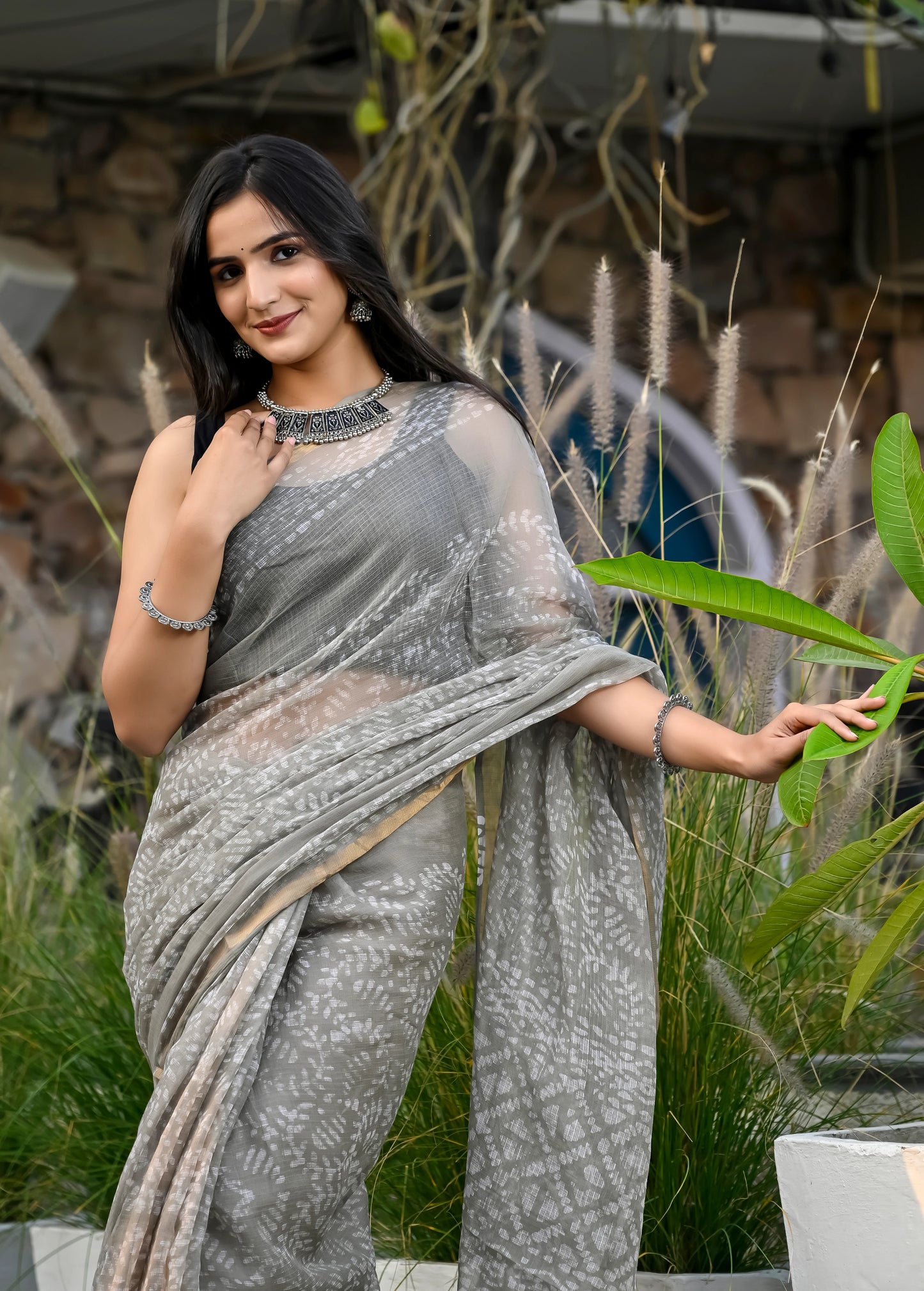Grey batik print hand block pure kota doria saree
