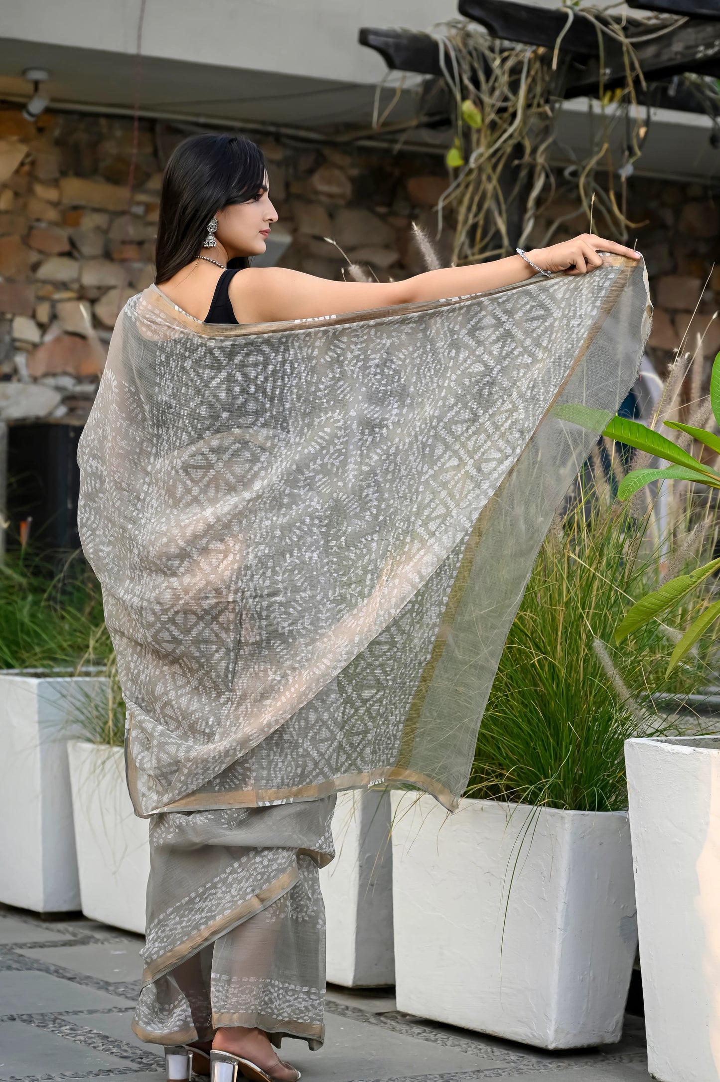 Grey batik print hand block pure kota doria saree