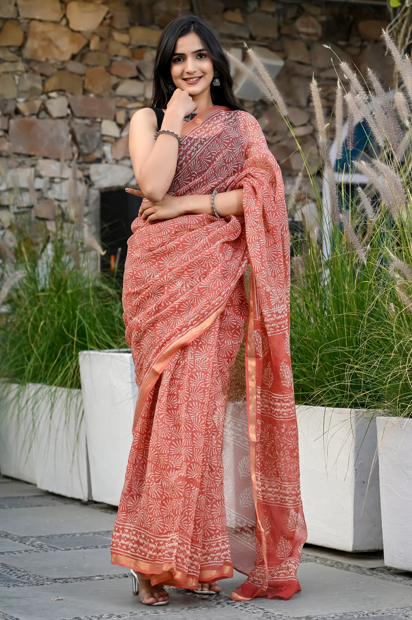 Red jhaal hand block pure kota doria saree