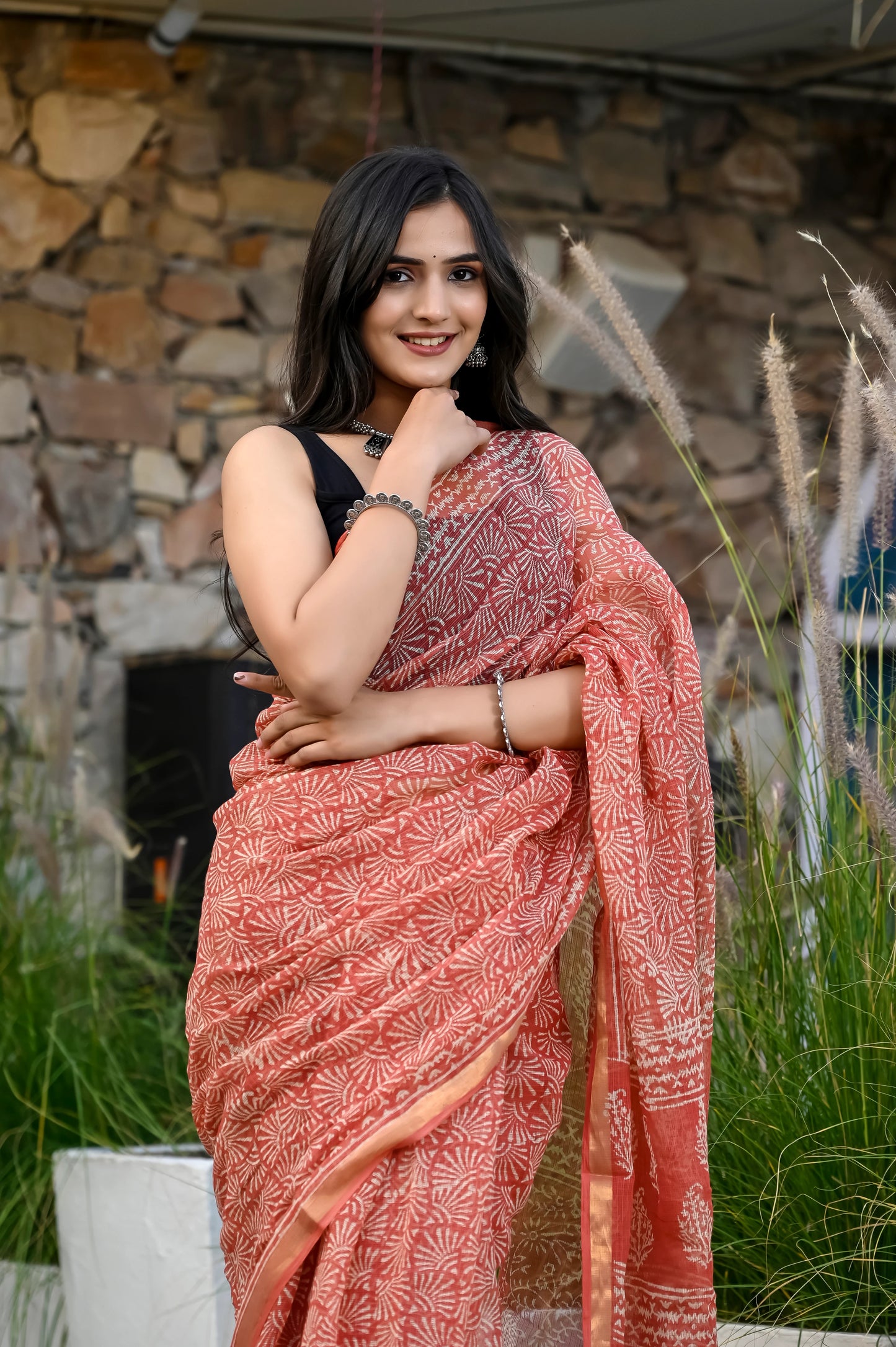 Red jhaal hand block pure kota doria saree